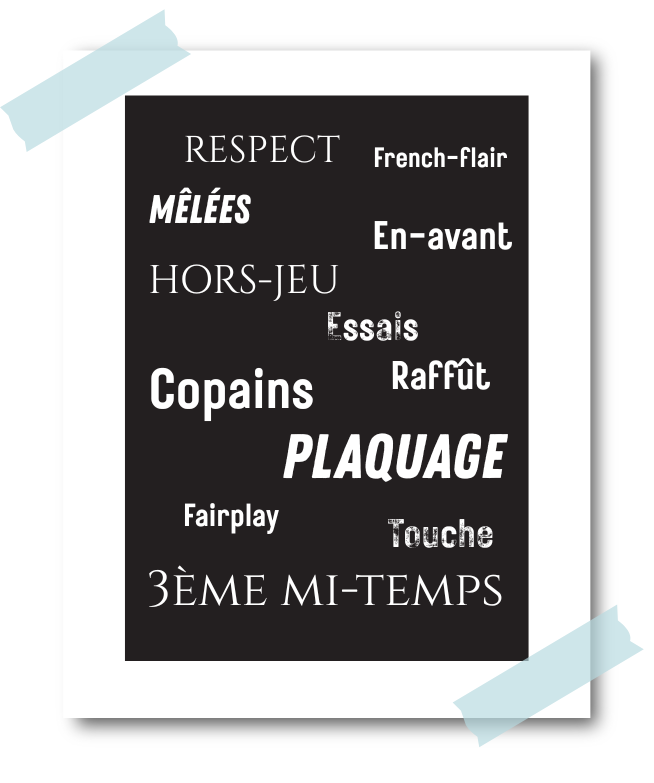 Pèle mêle de mots écrit en blanc sur fond noir . Il y a des mots clés du rugby et des mots représentant les valeurs des Guignols Rugby, l'équipe de rugby loisir de Lyon. Les mots sont : Respect, French-flair, Mêlées, En-avant, Hors-jeu, Essais, Raffût, Copains, Plaquage, Fairplay, Touche, 3ème mi-temps